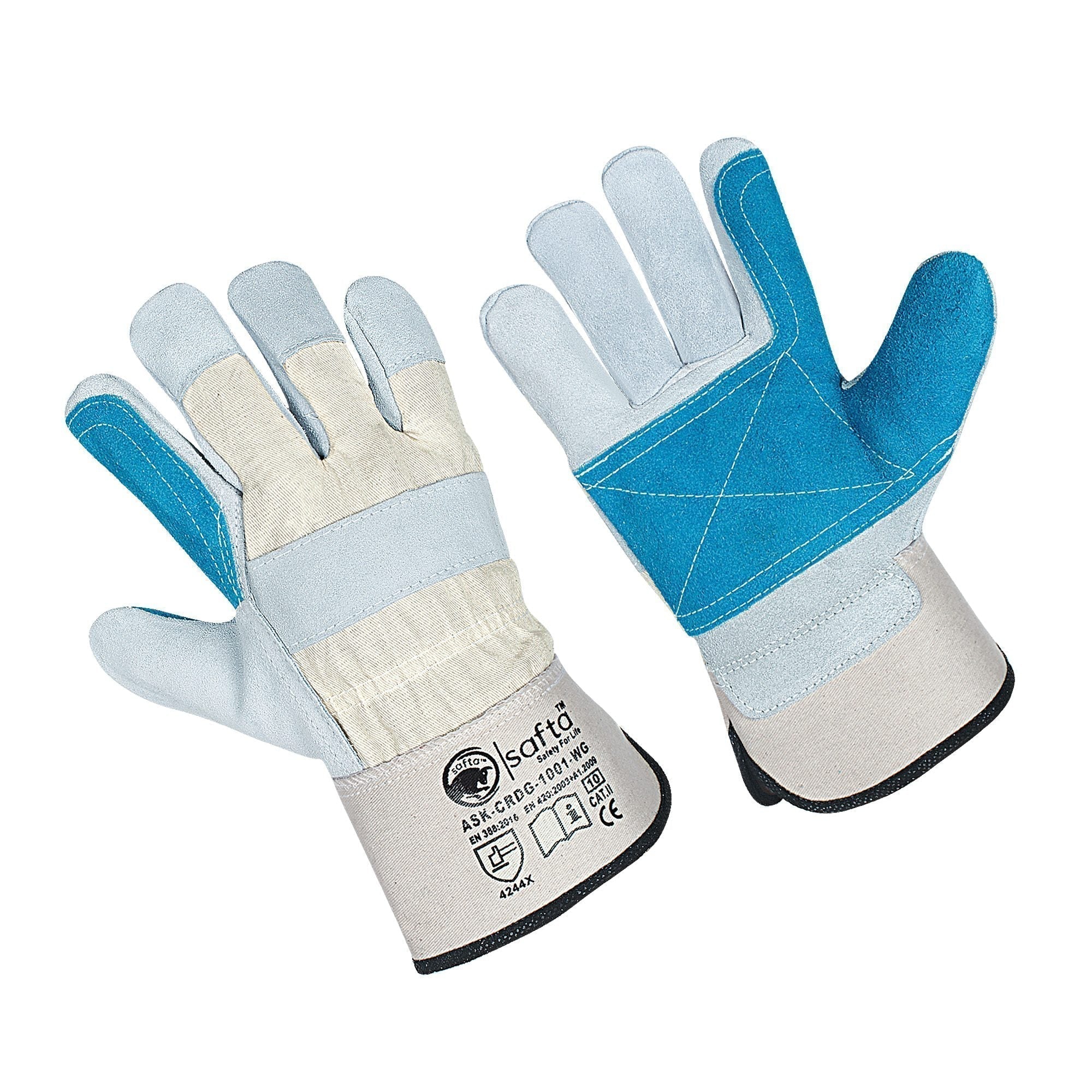 heavy duty work gloves Close-up of durable leather work gloves with reinforced double palm, ideal for gardening and heavy-duty tasks. High-quality cow split leather ensures protection and flexibility | safta bee