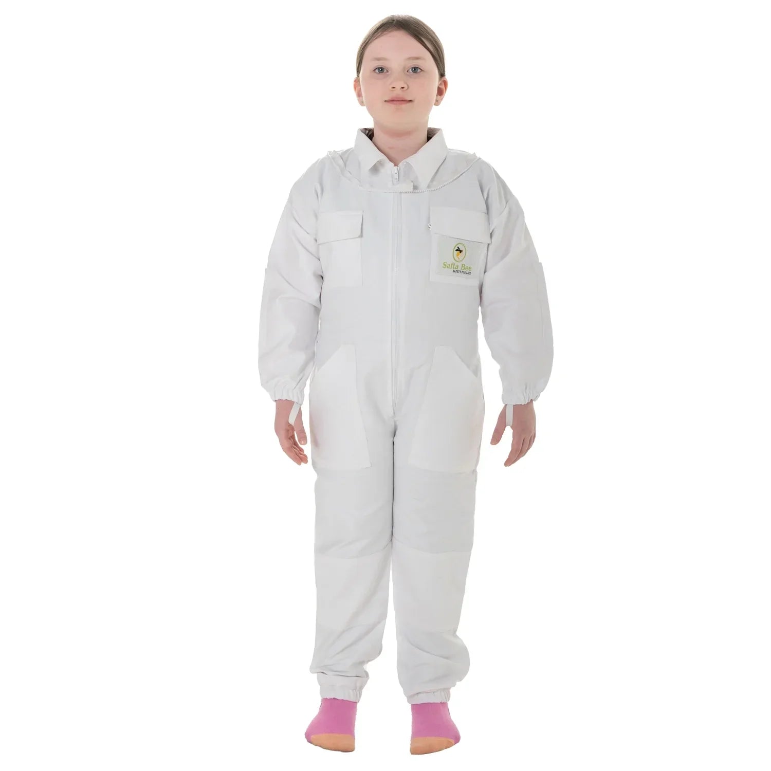 childrens bee suit White with detachable fencing veil, designed for kids' safety and comfort during beekeeping activities