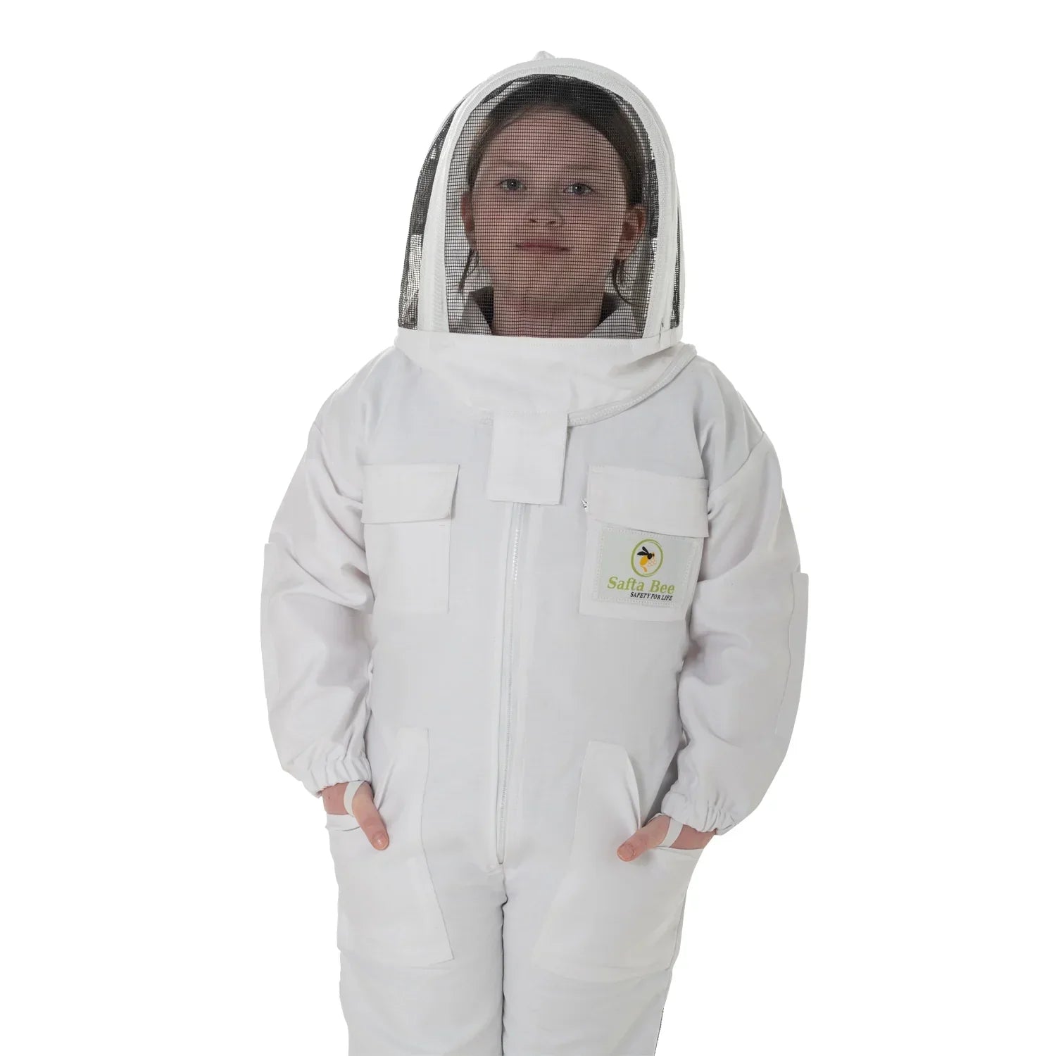 childrens bee suit White with detachable fencing veil, designed for kids' safety and comfort during beekeeping activities