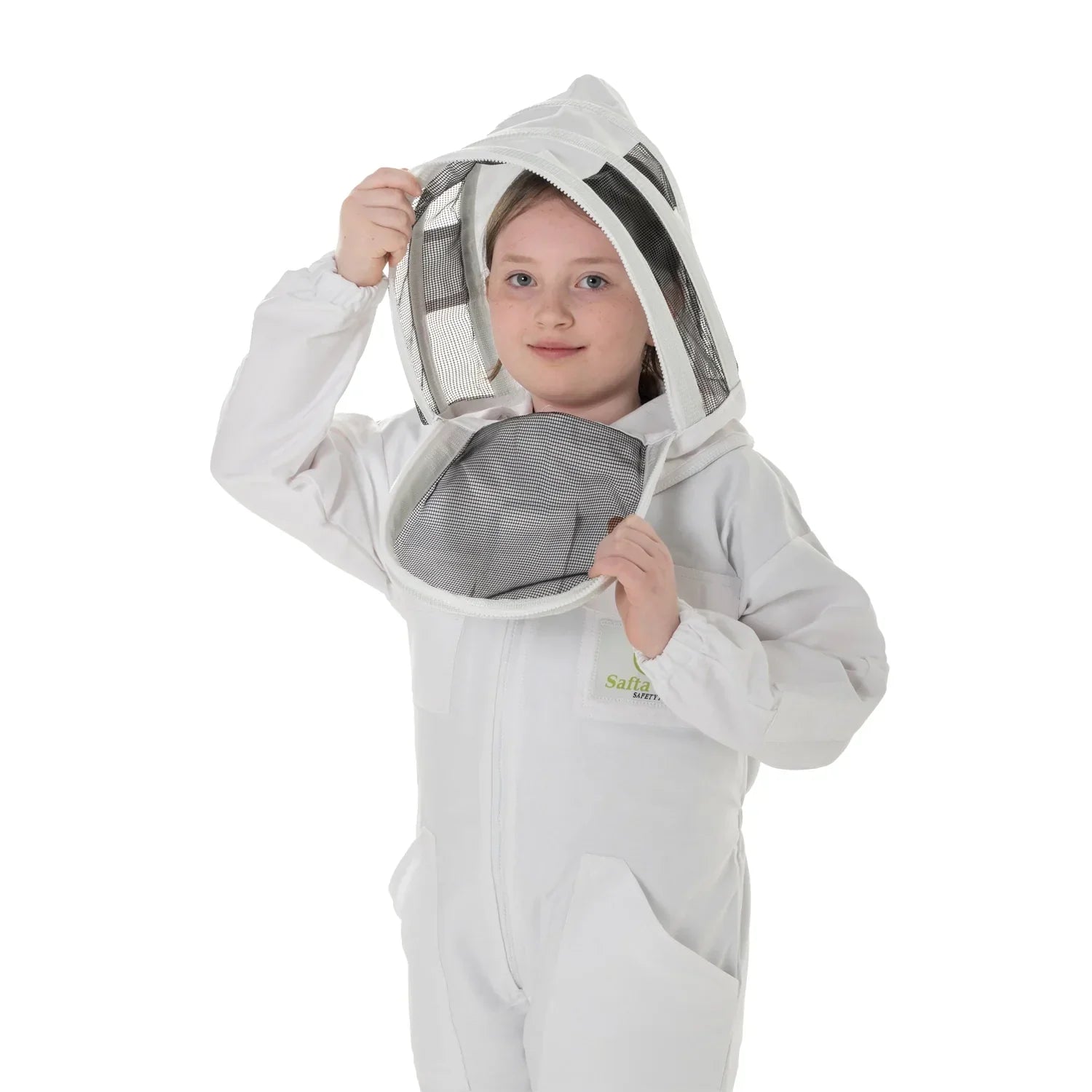 childrens bee suit White with detachable fencing veil, designed for kids' safety and comfort during beekeeping activities