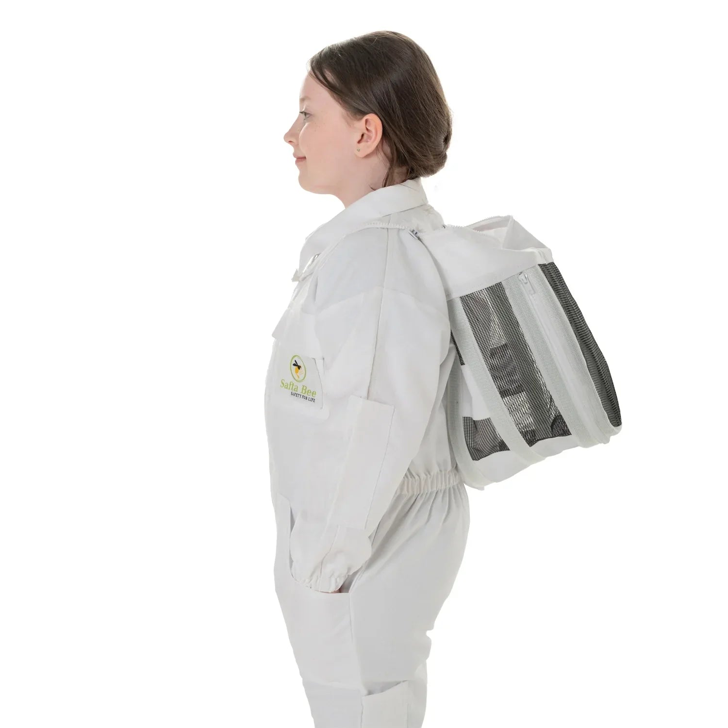 childrens bee suit White with detachable fencing veil, designed for kids' safety and comfort during beekeeping activities