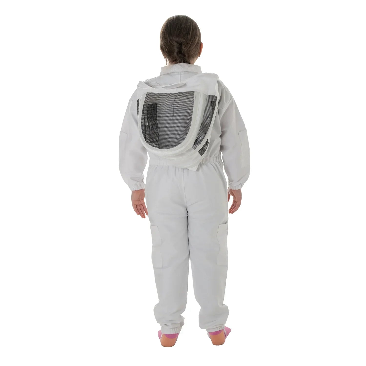 childrens bee suit White with detachable fencing veil, designed for kids' safety and comfort during beekeeping activities