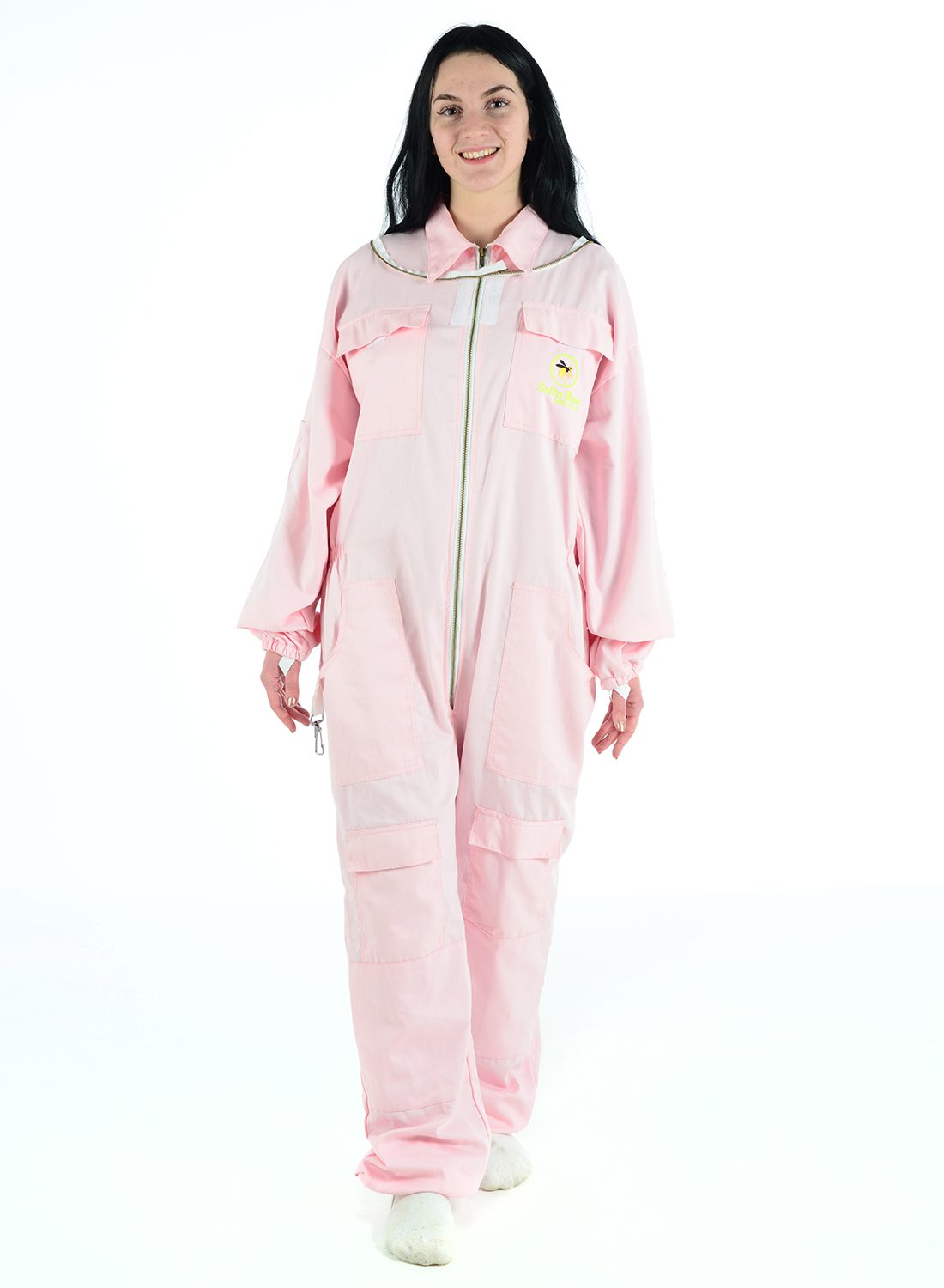 Pink bee protection suit, poly cotton beekeeper suit for sting-proof safety and comfort." This format incorporates the keywords "Bee Protection Suit,