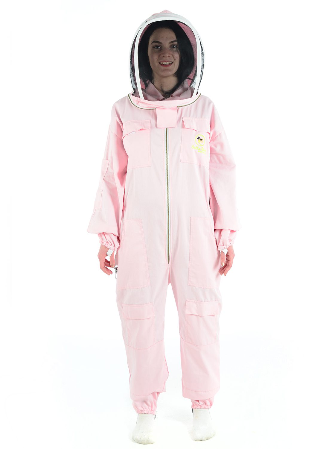 Pink bee protection suit, poly cotton beekeeper suit for sting-proof safety and comfort." This format incorporates the keywords "Bee Protection Suit,