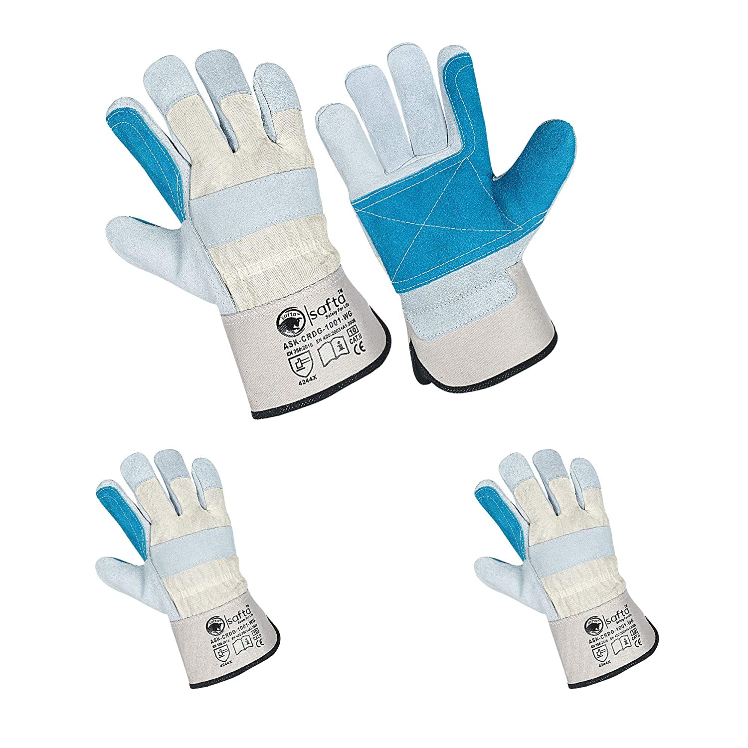 heavy duty work gloves Close-up of durable leather work gloves with reinforced double palm, ideal for gardening and heavy-duty tasks. High-quality cow split leather ensures protection and flexibility | safta bee