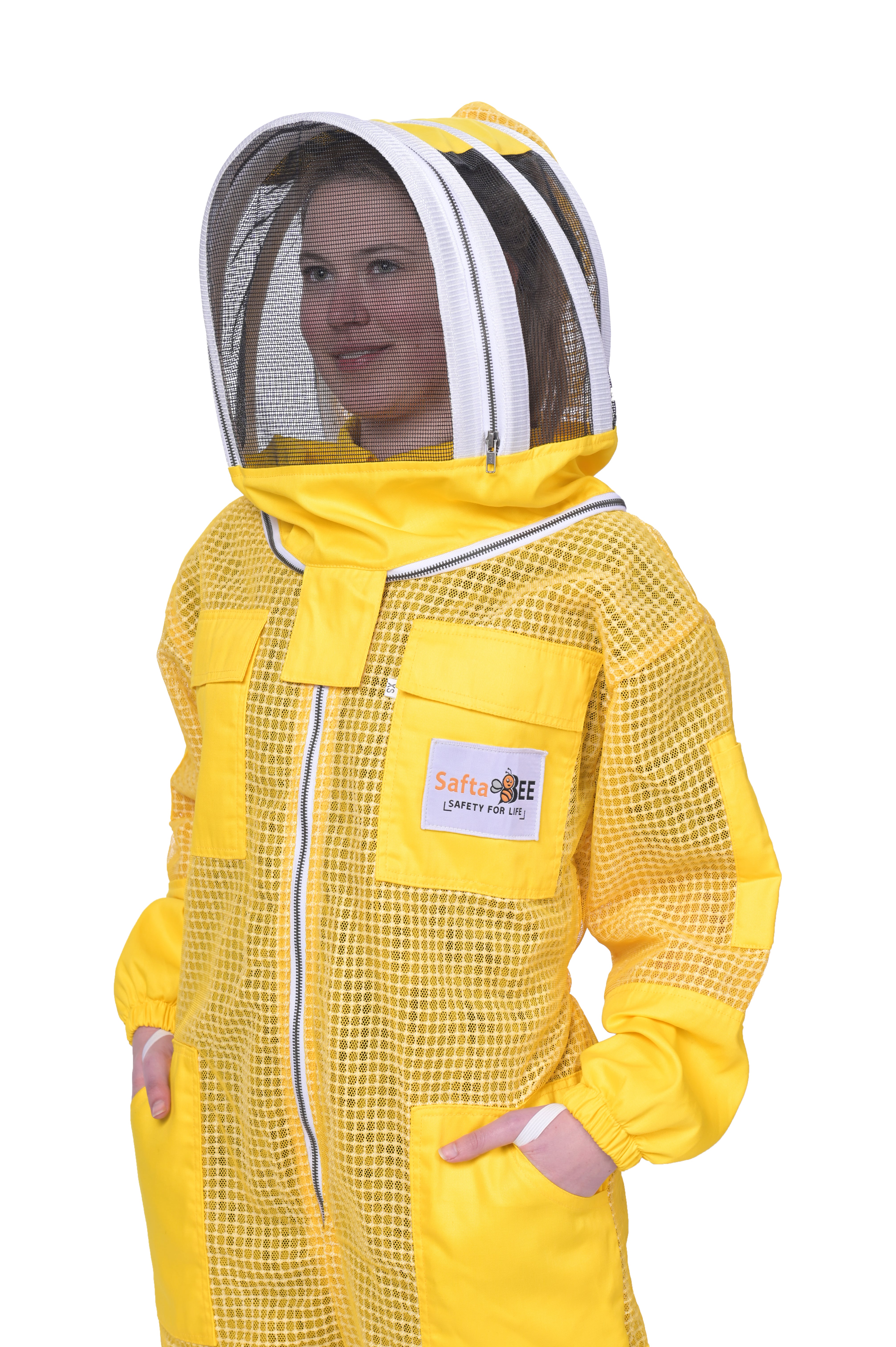 Women wearing a yellow beekeeping suit with a veil