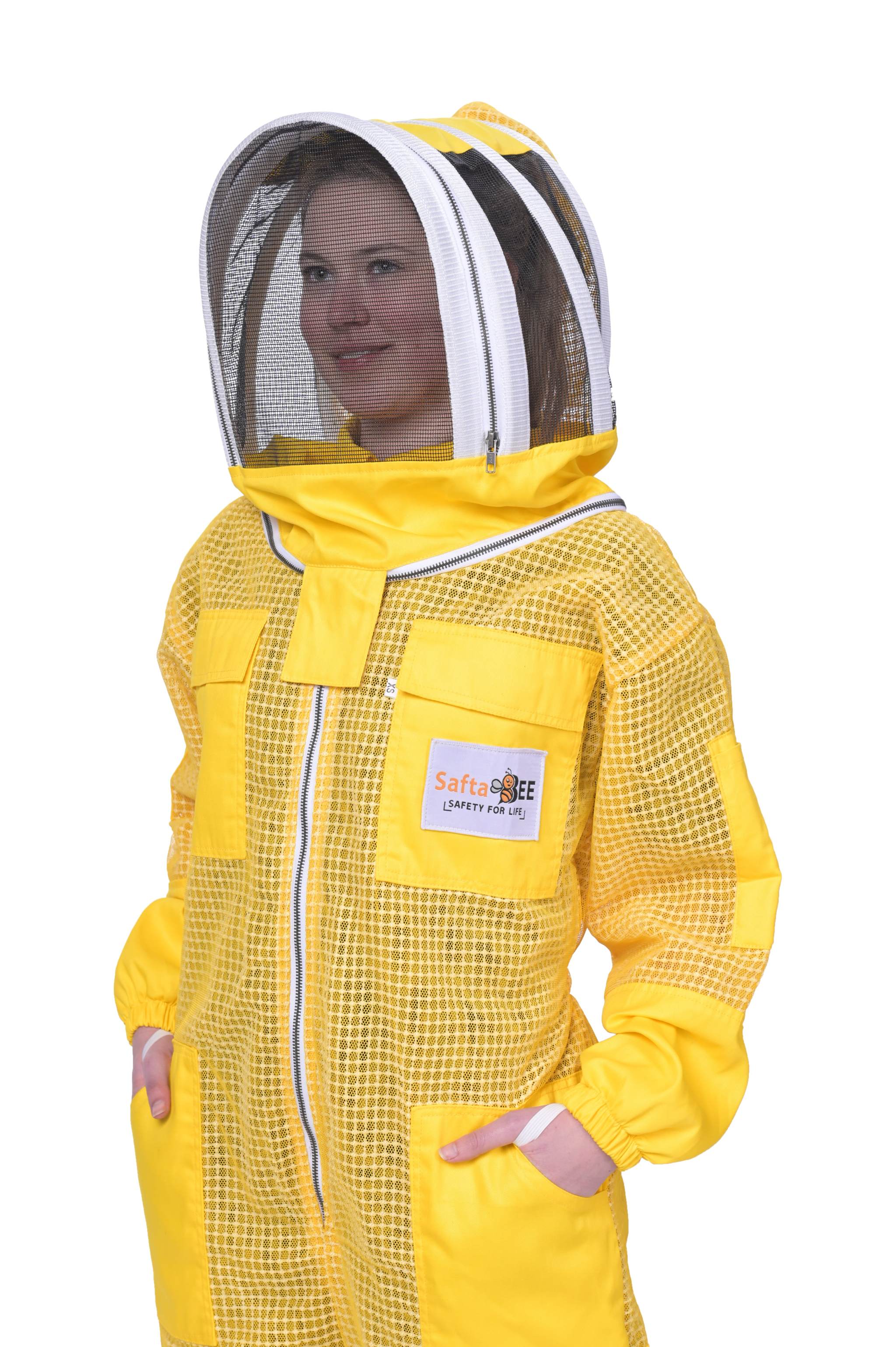 Women wearing a yellow beekeeping suit with a veil