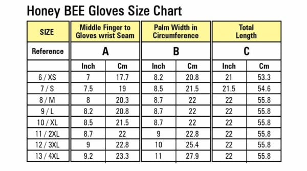 Bee gloves size chart