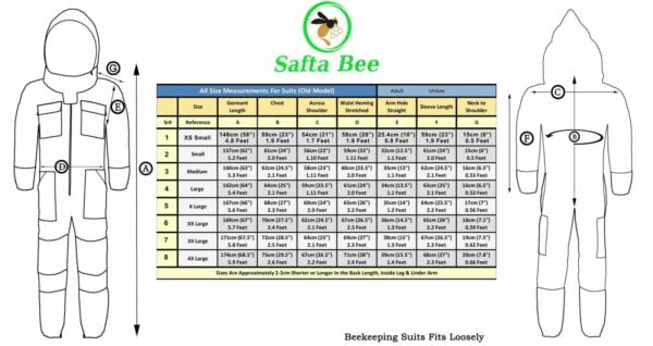 Safta Bee Suit Size Chart