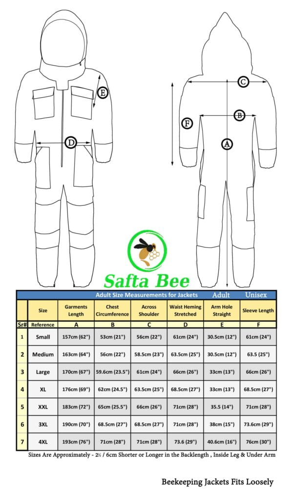 Bee suit size chart