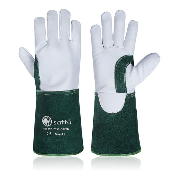 SAFTA Spark and Heat Proof Gloves Sheep leather Palm Top with Cow Split Leather Cuff AZO free Ideal TIG Welding Gloves Perfect for Gardening Soldering Metal Handling. Size 10 Green