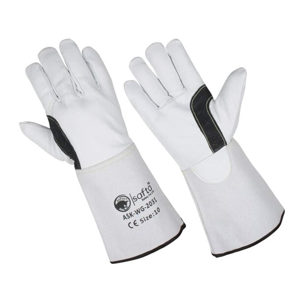 SAFTA Spark and Heat Proof Gloves Sheep leather Palm Top with Cow Split Leather Cuff AZO free Ideal TIG Welding Gloves Perfect for Gardening Soldering Metal Handling. Size 10 White Black